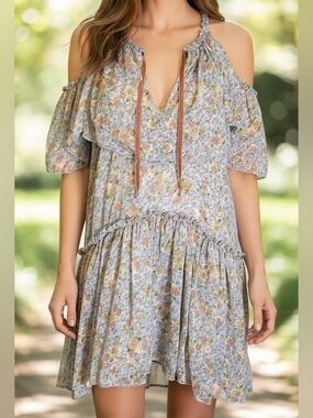 Forever 21 Floral Tunic Mini Dress M Boho Cottagecore Flowy Cold Shoulder